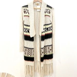 SALE Boho Fringe Cream Black Tribal Long Sweater S